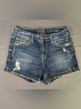 Silver Jeans Suki Mid Shorts W30 Distressed Denim Thick Stitch Stretch Womens